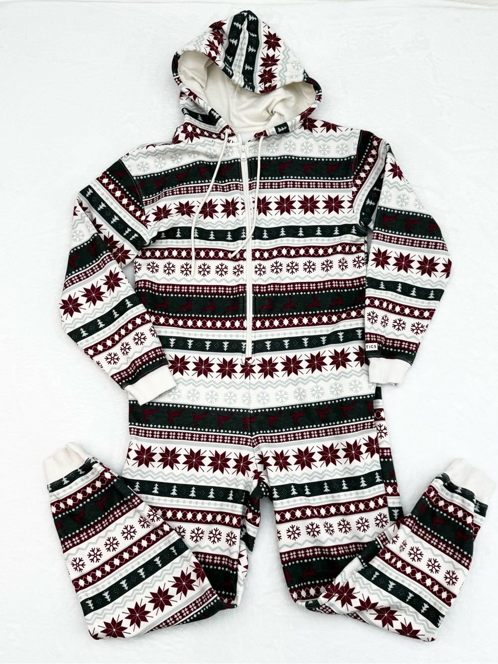 Fabletics Women's Small Cozy Fleece Hooded Holiday Christmas Onesie Red Green